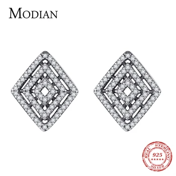

Modian New 925 Sterling Silver Dazzling CZ Retro Geometric Rhombus Stud Earring for Women Luxury Wedding Engagement Fine Jewelry