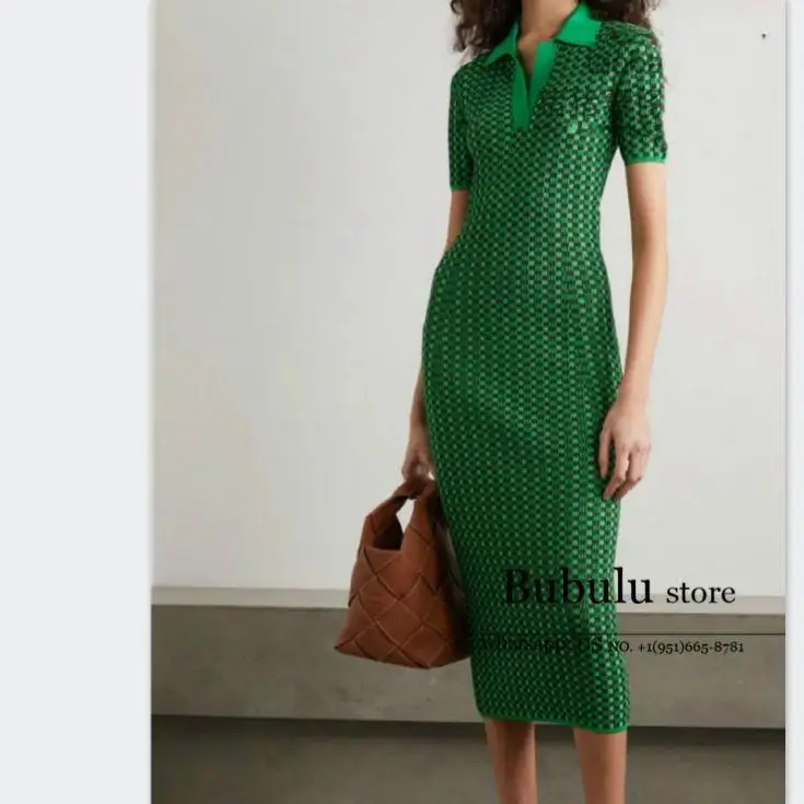 

high end luxury designer Women dress Clothing Lapel collar Short Sleeve Houndstooth plaided Knitted bodycon party midi Dresses