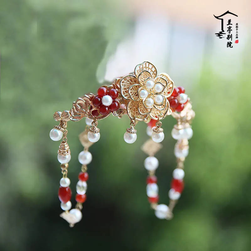 

5 Designs Ling Xiao White Pearl Red Agate Handmade Simple Elegant Ming Dynasty Hair Tiara Tassel Hair Sticks All Match Cosplay