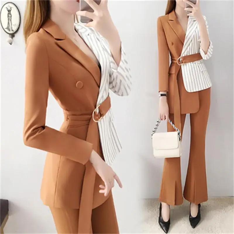 

Fashion pants suit female spring fall New High end English style casual Stripe splicing belt suit + pants two-piece suit women