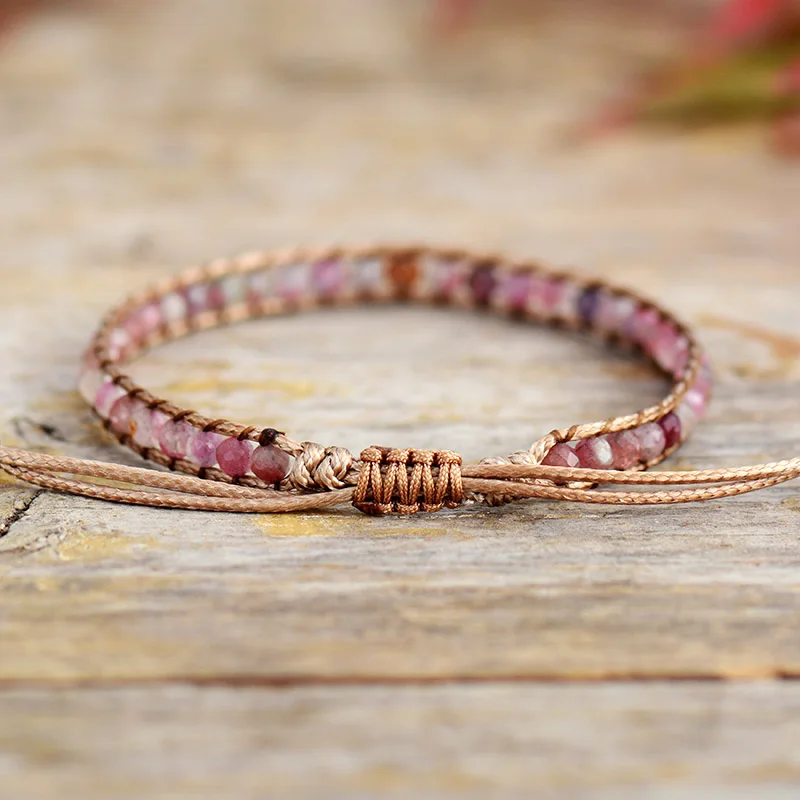 Cute Stone Wrap Bracelets for Women Pink Tourmaline Cord Vegan Bracelet Bangle 4mm Beads Bracelet Christmas Jewelry Gifts