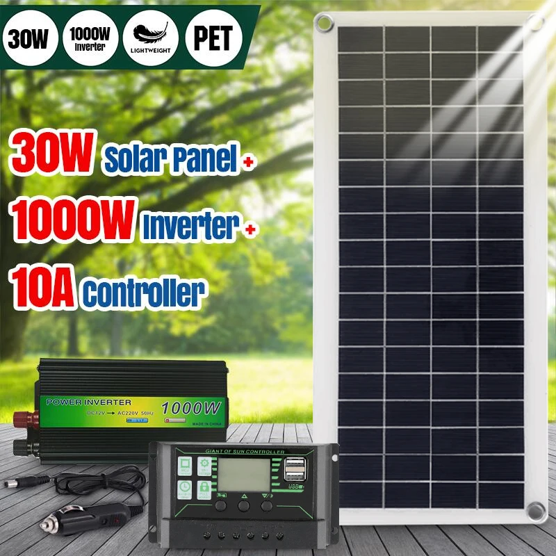 220V Solar Power System 30W Panel Battery Charger 1000W 220W Inverter USB Kit Complete Controller Home Grid Camping | Электроника