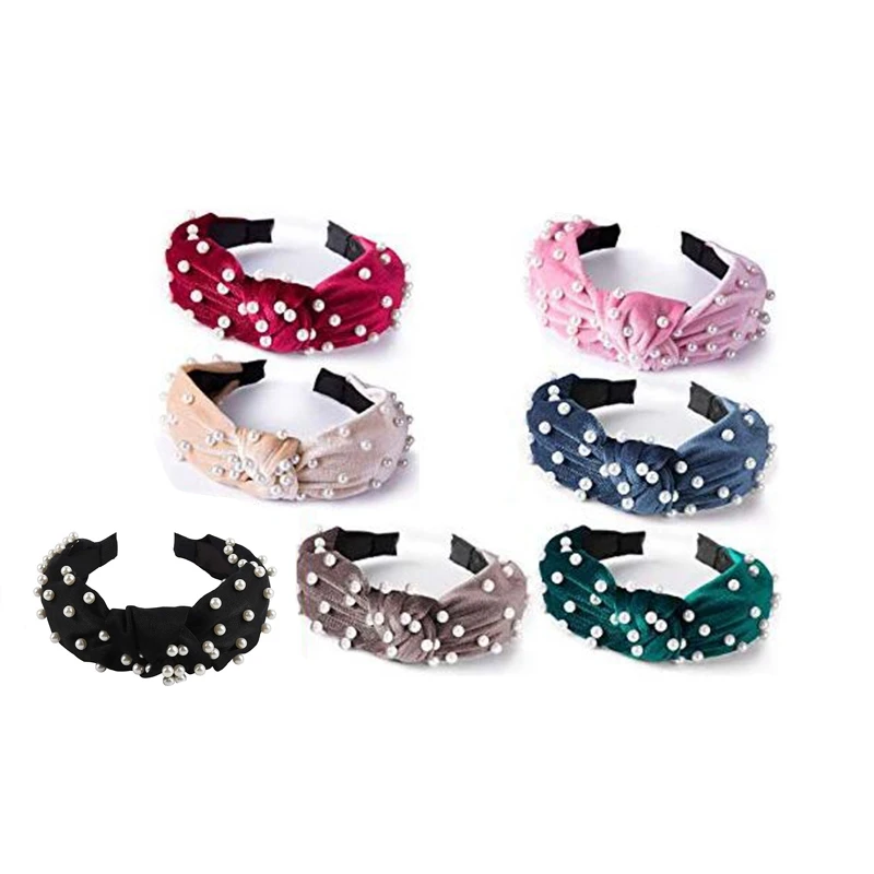 7 Pcs Top Knot Headband with Pearls Velvet Wide Headbands Artificial Pearl Turban for Women and Girls | Украшения и аксессуары