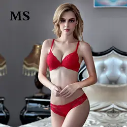 MS 2019 новые женские Пуш-Ап высокого нижнее белье кружевное пикантное Глубокий V маленький квадратный топ комплект с бюстгальтером красное