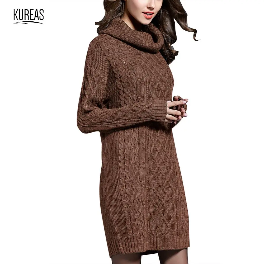Kureas свитер платье для женщин зима осень размера плюс грубая твист Водолазка Теплые трикотажные платья миди красный с длинным рукавом Повседневные M-4XL