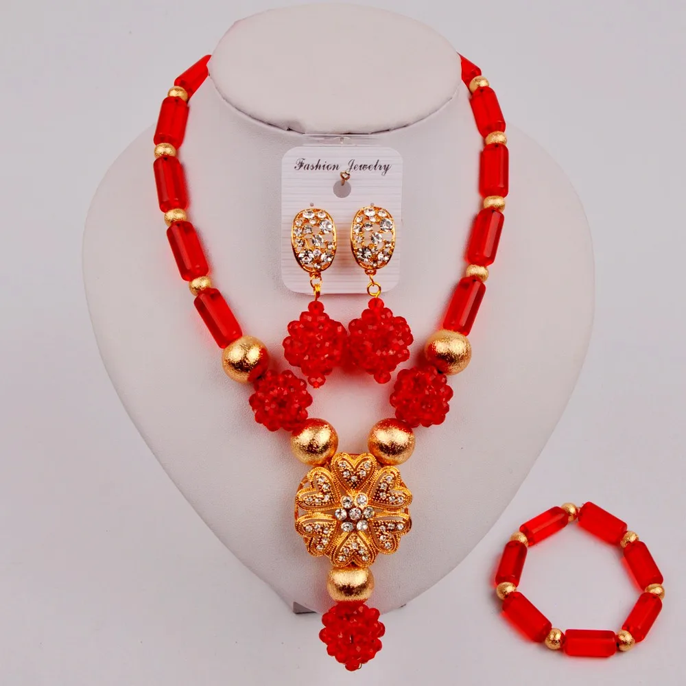 

Latest Red African Wedding Beads Costume Necklace Nigerian Jewelry Set ZJQ7-5