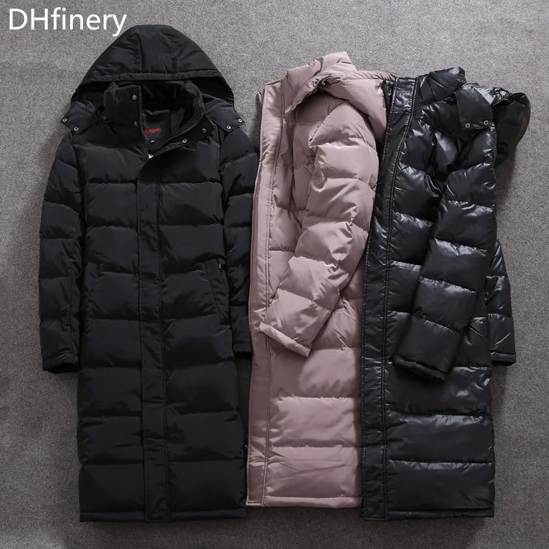 DHfinery, новинка, мужской зимний пуховик, длинный дизайн, 80% белый утиный пух, пальто с большим капюшоном, пуховик при минус 30 градусах, W556