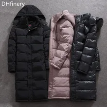 DHfinery, новинка, мужской зимний пуховик, длинный дизайн, 80% белый утиный пух, пальто с большим капюшоном, пуховик при минус 30 градусах, W556