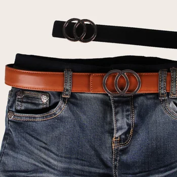 

Double circle belt fashion Woman decorate Round buckle PU leather belts black