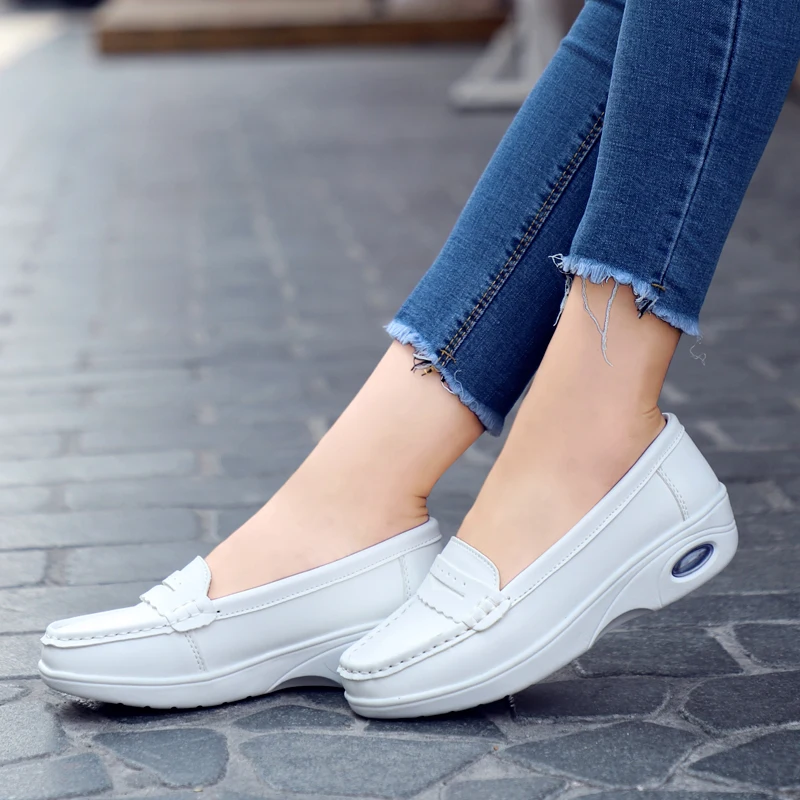 Plardin Women Loafers Shoes Genuine Leather Slip On Walking Shoes White Sneakers Casual Shoes Ballet Flats Hospital Nurse Shoes