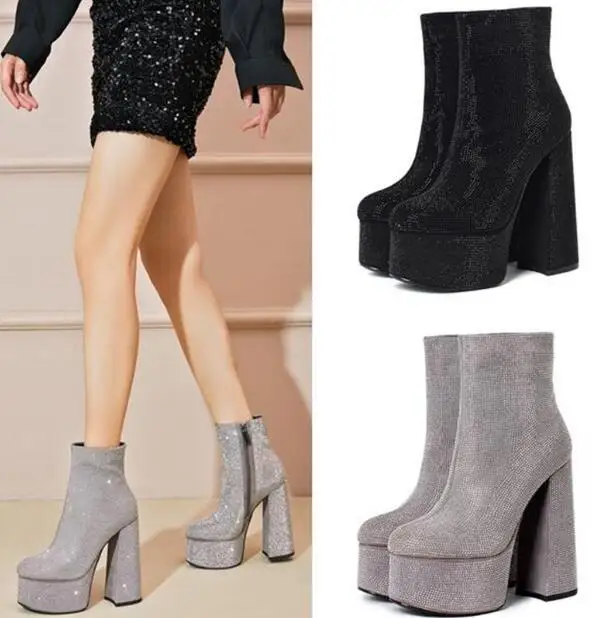 

Sliver Black Bling Full Rhinestone Sequined 145 mm Chunky Heels Ankle Boots Woman Round Toe Platform Short Booties Shoes Lady