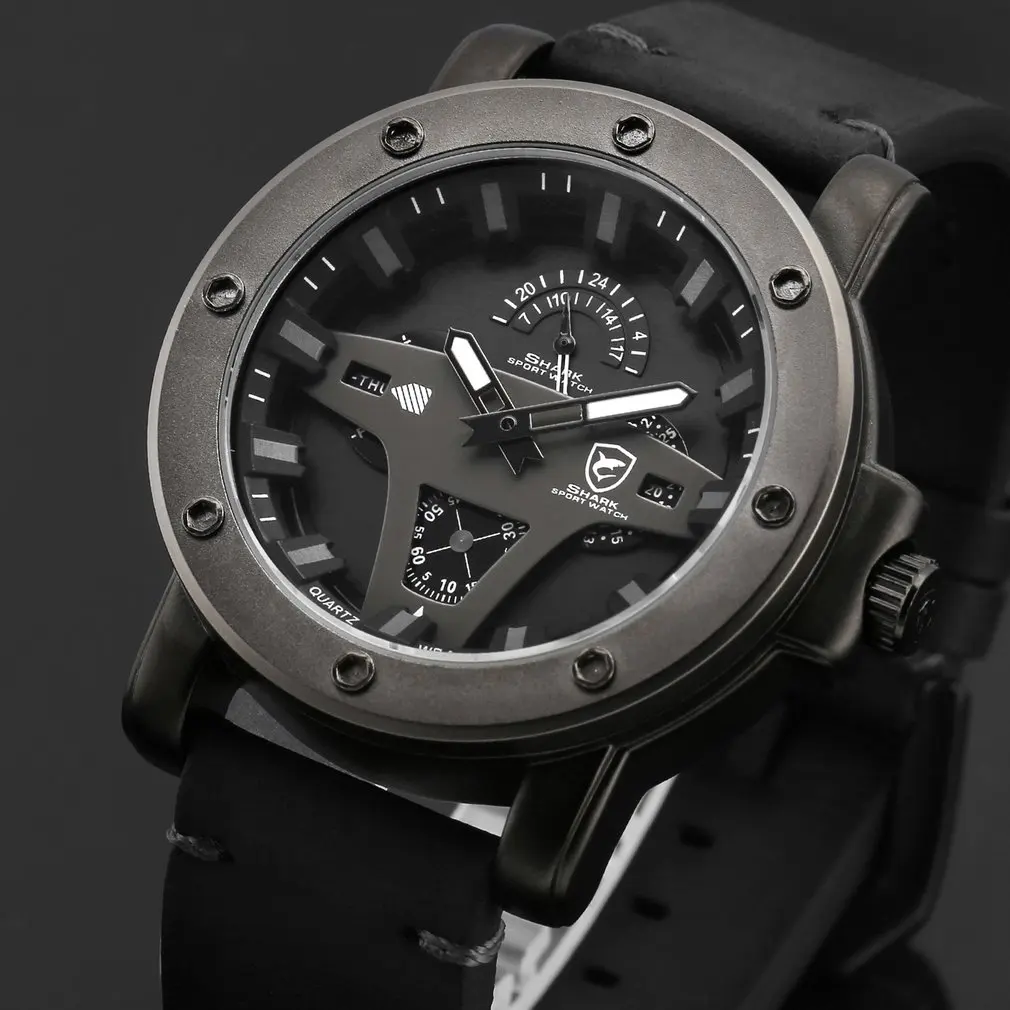 Гренландская Акула 2 серии спортивные часы Креативный дизайн Черная Дата Crazy Horse кожа кварцевые мужские часы Masculino Relogio/SH452 - Цвет: Black SH452