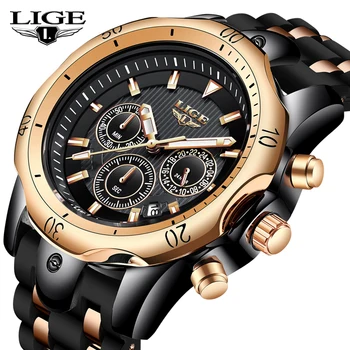 

2020 LIGE Mens Watches Top Brand Luxury Dial Clock Male Fashion Silicone Waterproof Quartz Gold Watch Men Sport Chronograph+Box