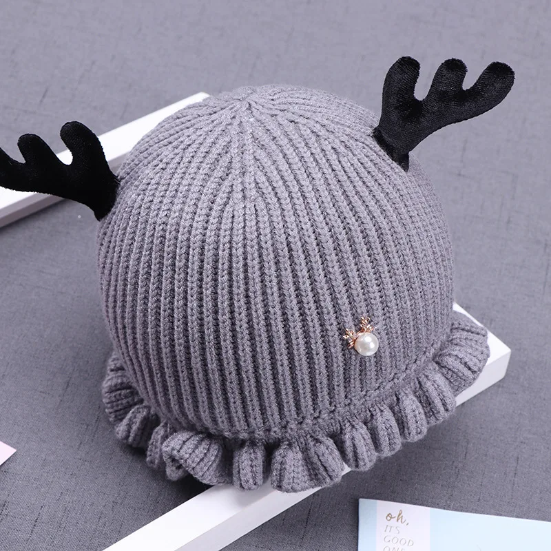 Grey Hylidge Knit шляпа оленя новорожденных жемчужные зимние шапки для девочек рога детские шапки 3 6 месяцев новорожденные фотографии реквизит шапки для мальчиков - Color: Grey