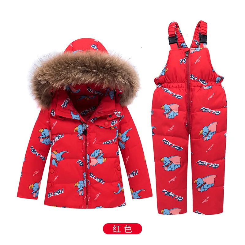 Kids Winter Down Parkas New Girls Ski Suits Cotton Cartoon Thick Warm Hoodies+bib Pants 2pcs Outfits For Boys Children Snowsuit - Цвет: red