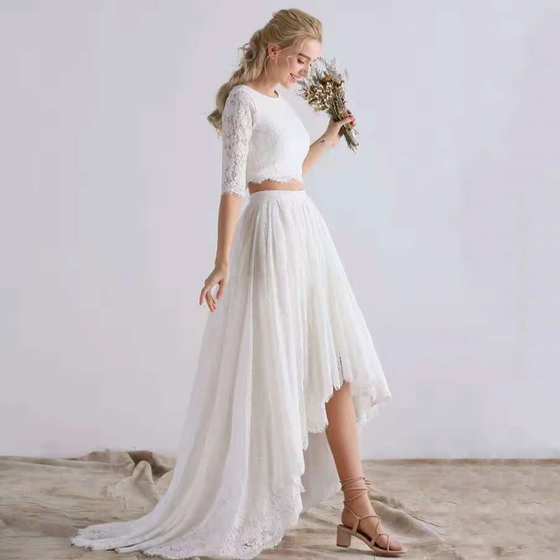 2 в 1 половина кружева рукав Vestidos De Novia Robe Mariee пляжное платье из двух частей богемные Свадебные платья Белый Высокий Низкий свадебное платье