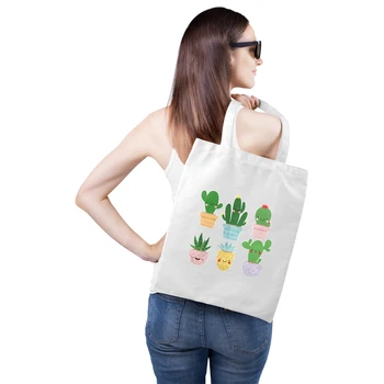 

Shopping Tote Environmental Grocery Bags Women Canvas Shoulder Bag Cactus Flower Plant Print Cotton Cloth Designe White Handbag