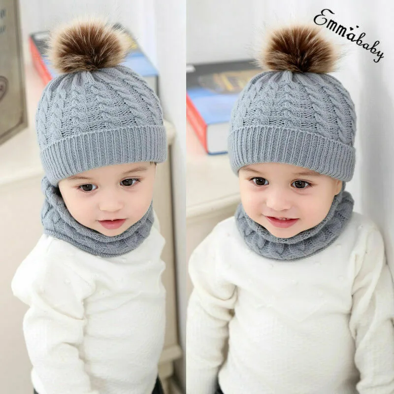PUDCOCO новорожденные дети ребенок мальчик девочка Pom Шапка Зимняя теплая шапка с помпоном вязаная шапочка набор из шапки и шарфа 0-12 м