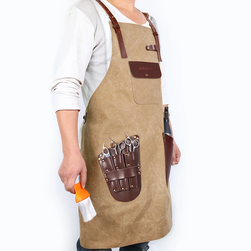 WEEYI Barber Apron Men Women Waxed Canvas Apron For Hairdresser Leather Pockets Unisex Vintage Salon Apron delantal peluquera