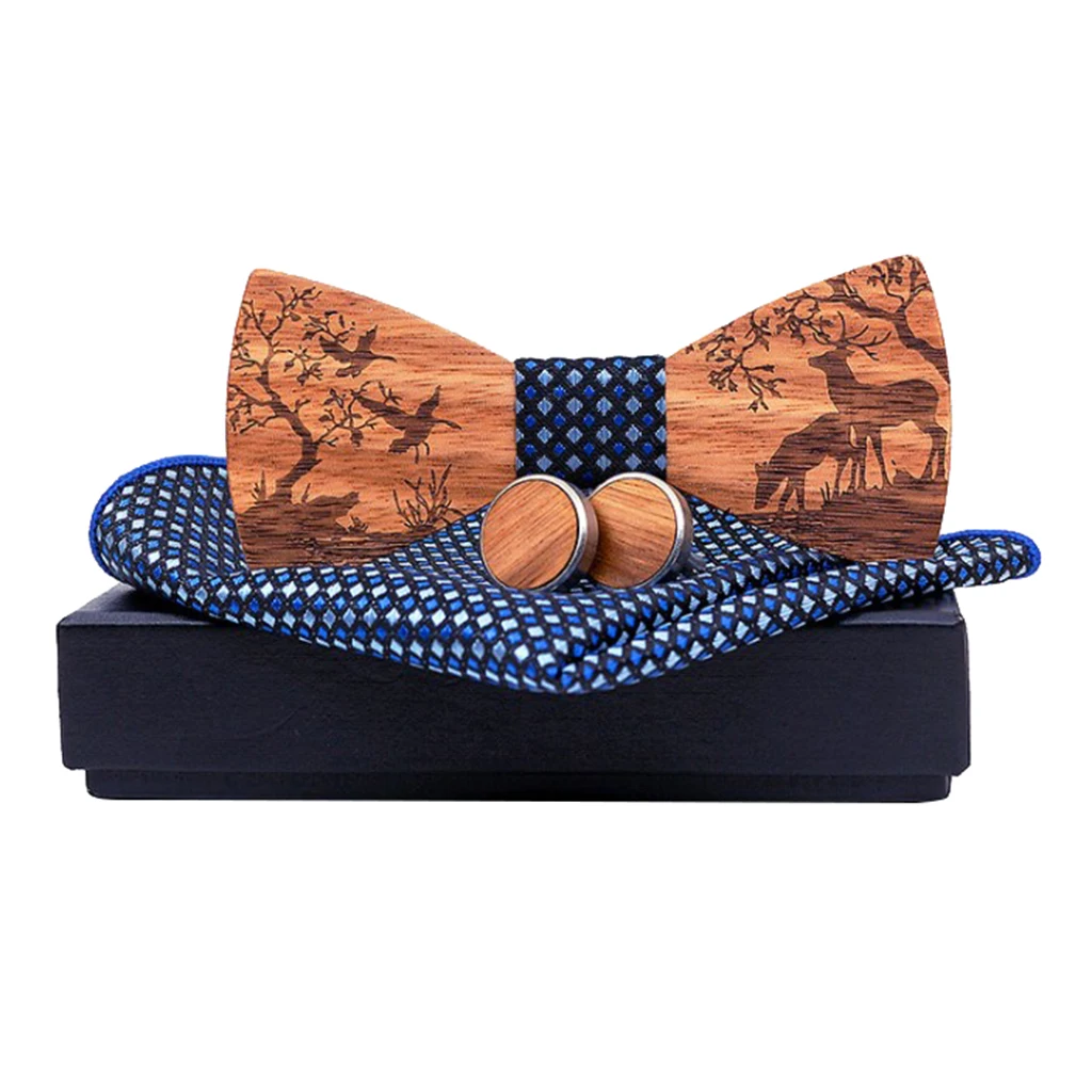  Bow Tie Set Handkerchief and Cufflinks for Men Cufflinks Unique Style wooden Bowtie fabric Handkerc