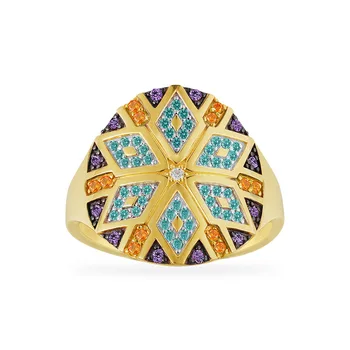 

S925 pure silver high-end micro inlaid geometric colorful tribal round big ring female