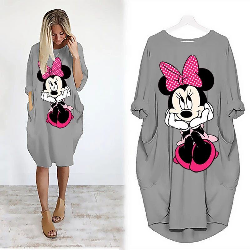 Disney Plus Size Midi Dress Long Sleeve Robe Casual Minnie Mickey Mouse Print Beach Loose Dresses Kawaii Sundress Women Clothing