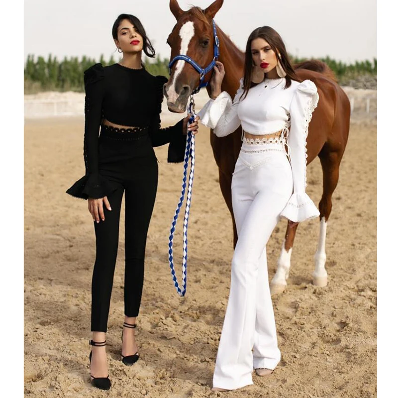 

2021 Fall White Hook Flower Hollow Sexy Long Sleeve Crop Tops & Pants Casual Slim Lace Up High Street Women Two Pieces Set 60180