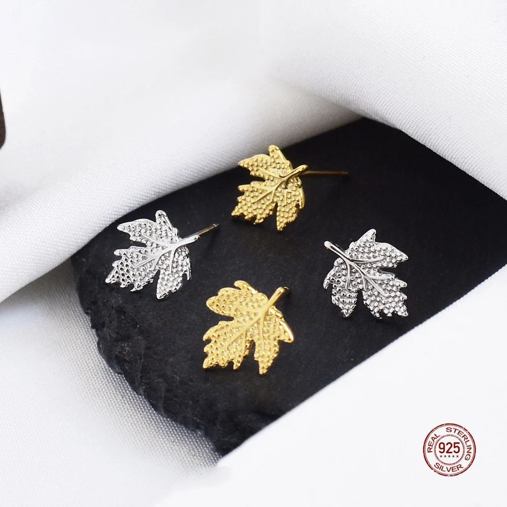 

LKO Real S925 Sterling Silver Trendy Maple Leaf Stud Earrings For Woman Jewelry Sweet Cute Ear Studs For Girl Accessories Gift