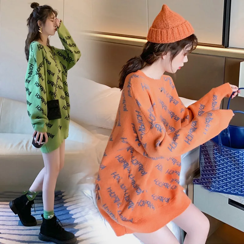 2019 новый женский свободный корейский Модный повседневный вязаный свитер средней длины с длинными рукавами Однотонный свитер с буквенным