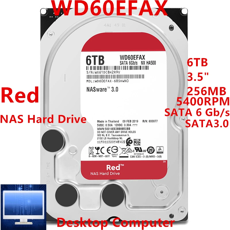 

Новый оригинальный жесткий диск для WD Brand красный 6 тб 3,5 дюйма SATA 6 гб/с 256 мб 5400 об/мин для внутреннего жесткого диска для жесткого диска NAS для WD60EFAX