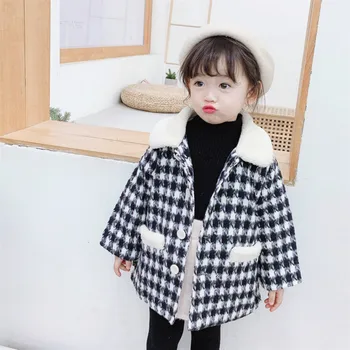 

Girls autum and winter coats new style plus cotton and thickened tweed children girls coat Turn-down Collar kids girl clothes