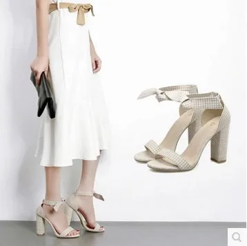 

Summer New Style Europe And America Fashion Bow Plaid Cloth Peep Toe Chunky Heel High-Heel Gladiator Sandals Sandals