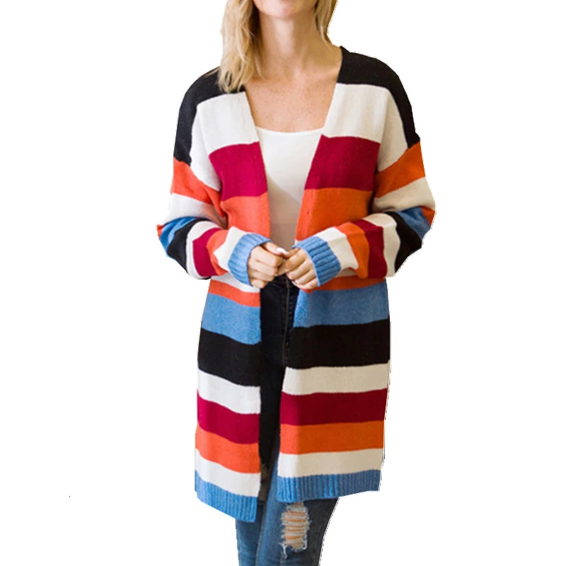 

Rainbow Stripeed Knitted Long Cardigan Women Autumn Winter Sweaters Pockets Casual Long Sleeve Cardigan Mujer Coat Orange Black