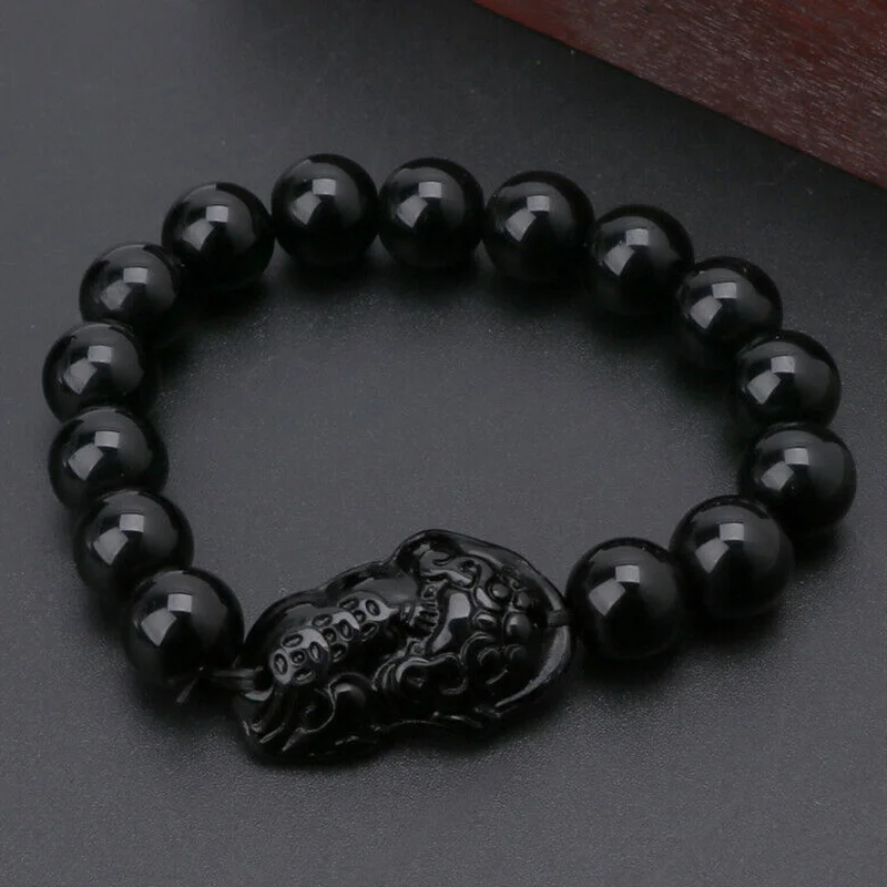 Мужской/женский браслет из черного камня Feng Shui Pi Xiu Obsidian с бусинами золотые