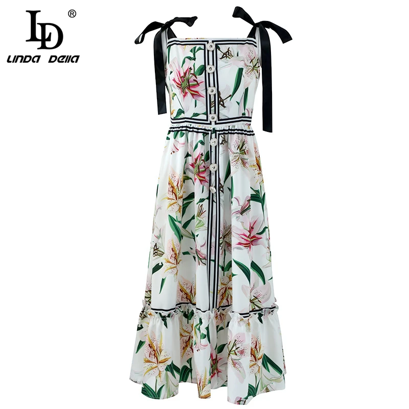 LD Linda della взлетно-посадочной полосы моды летнее платье Для женщин лук платье на бретельках с цветочным принтом и оборками Повседневное платье средней длины