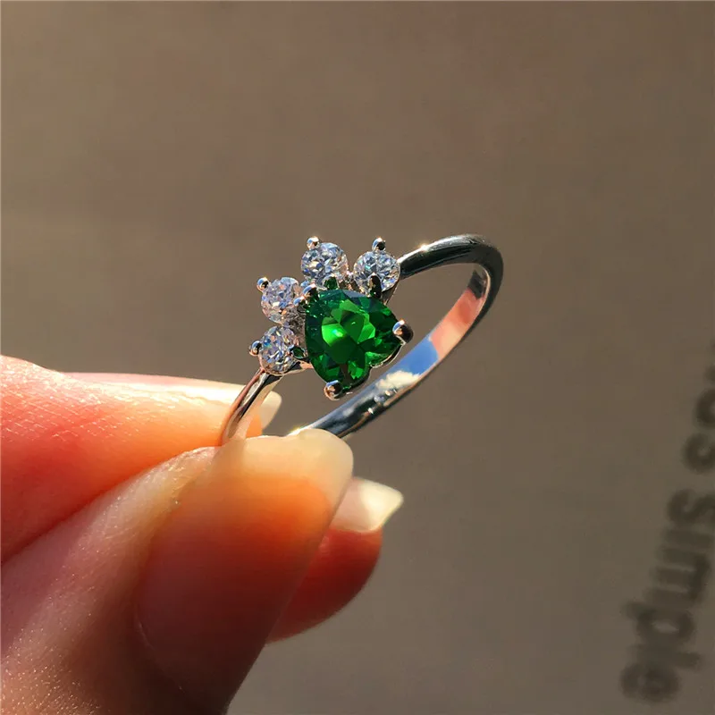 Милое женское кольцо с зеленым синим цирконием, модное серебряное кольцо с собачкой, кошкой, медведем, лапой, когтями, сердце, обручальное кольцо для женщин