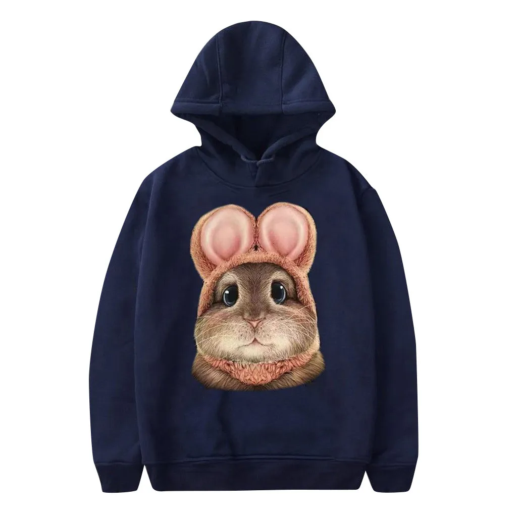 Harajuku женские толстовки Толстовка Kawaii розовый Зимний кролик узор с длинным рукавом толстовки с капюшоном свободные Hooed Mujer q0827