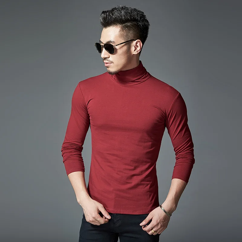 Wine red Новинка, Осенние хлопковые мужские повседневные футболки, водолазка с длинными рукавами, Мужская обтягивающая одежда, мужская одежда, топы, футболки - Цвет: Wine red