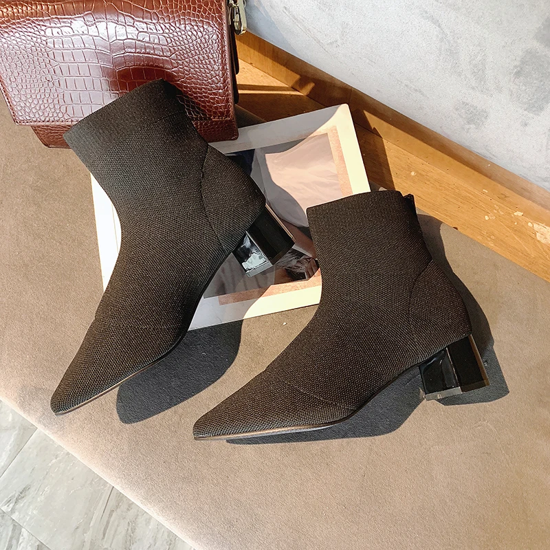Черный, бежевый вязаный верх, тянущийся носок, сапоги женская зимняя обувь г. Ботильоны на среднем массивном каблуке женские короткие ботиночки