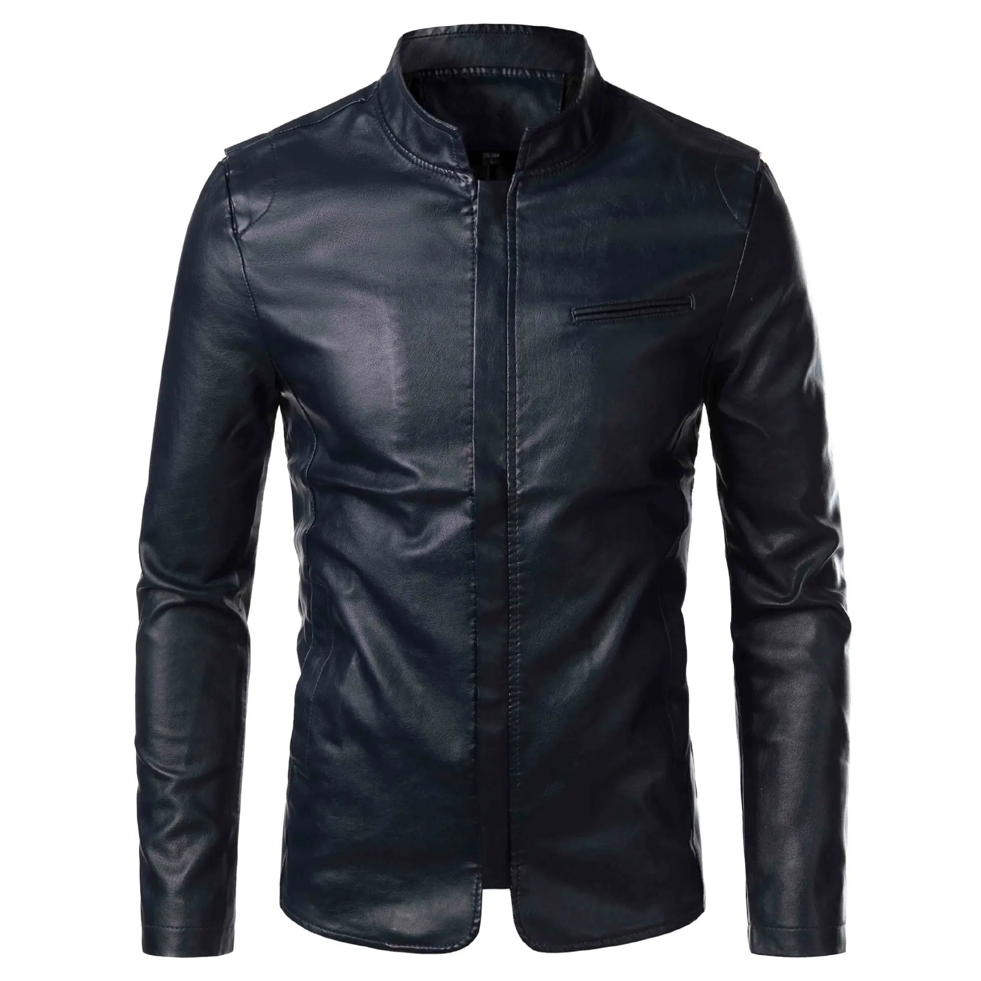 MEN'S Wear Simple Leather Coat Stand Collar Leather Jacket Men Locomotive Windproof Leather Tops Fashion MEN'S Leather Coat