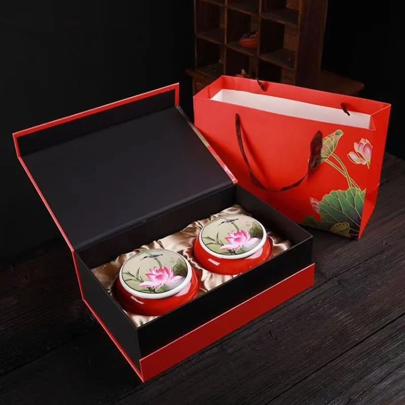 red lotus Керамическая банка для чая, Подарочная коробка для чая, банка для чая, упаковочные банки, Китайская традиционная Подарочная коробка, упаковка для чайного бака, домашний декор, керамические банки - Цвет: red lotus
