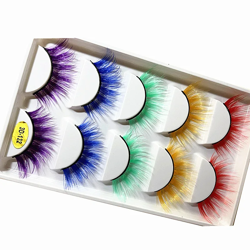 NEW 5 Pairs 3D Colored Faux Mink Eyelash Red Yellow Green Purple Colorful Fluffy High Volume Makeup Beauty Rainbow Lashes