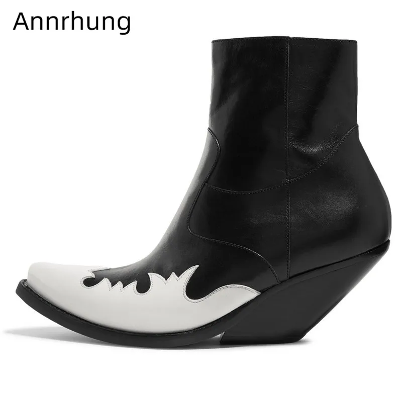

Novelty Slanted Heel Boots Woman Cool Patchwork Point Toe Party Bottes Side Zipper Ankle Botas Mujer 2020 New Coming Boots Woman