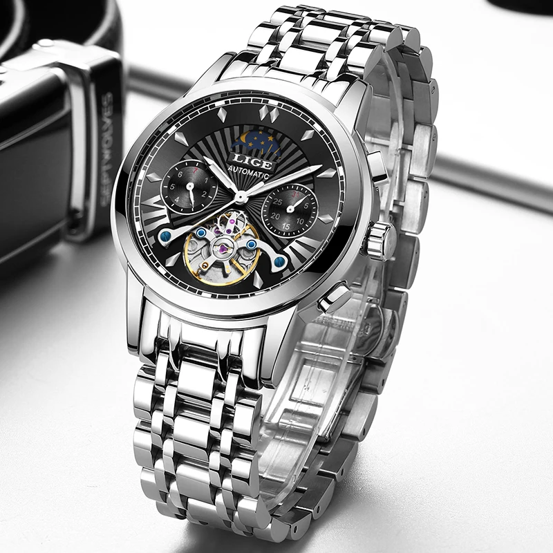 New LIGE Fashoin Mens Watches Top Brand Luxury Automatic Mechanical Tourbillon Watch Men Stainless Steel Waterproof Wrist Watch
