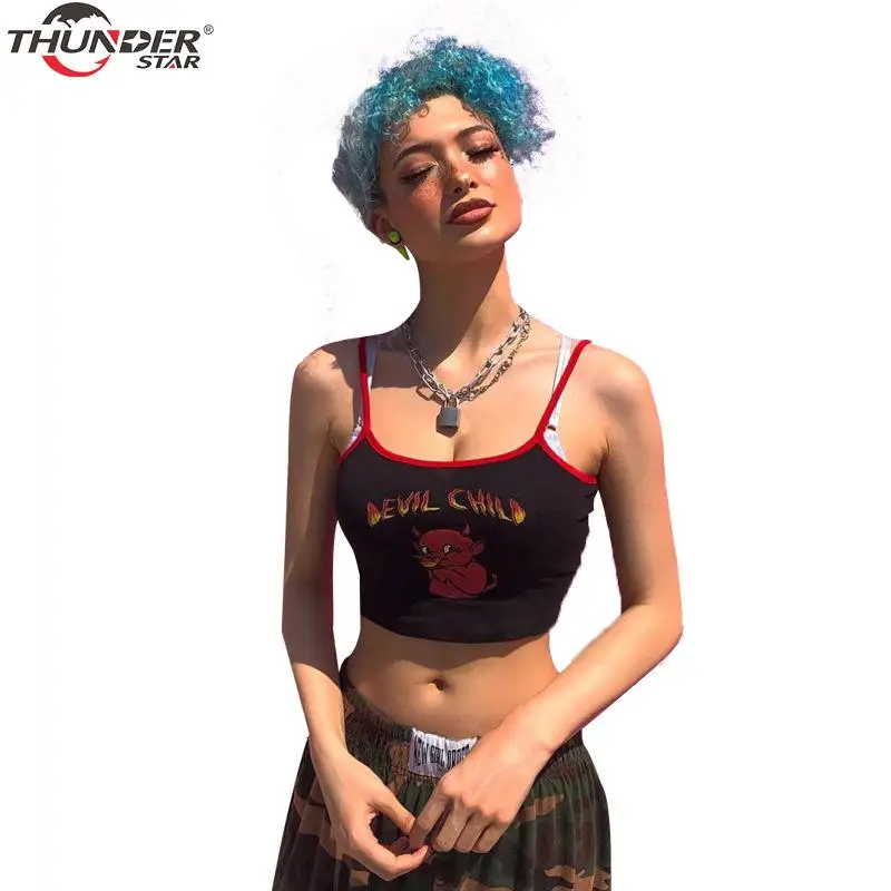 

Demon Print Spaghetti straps Patchwork Crop top Women Sexy Backless Slim Camisole Top 2020 Summer Female Streetwear Tops