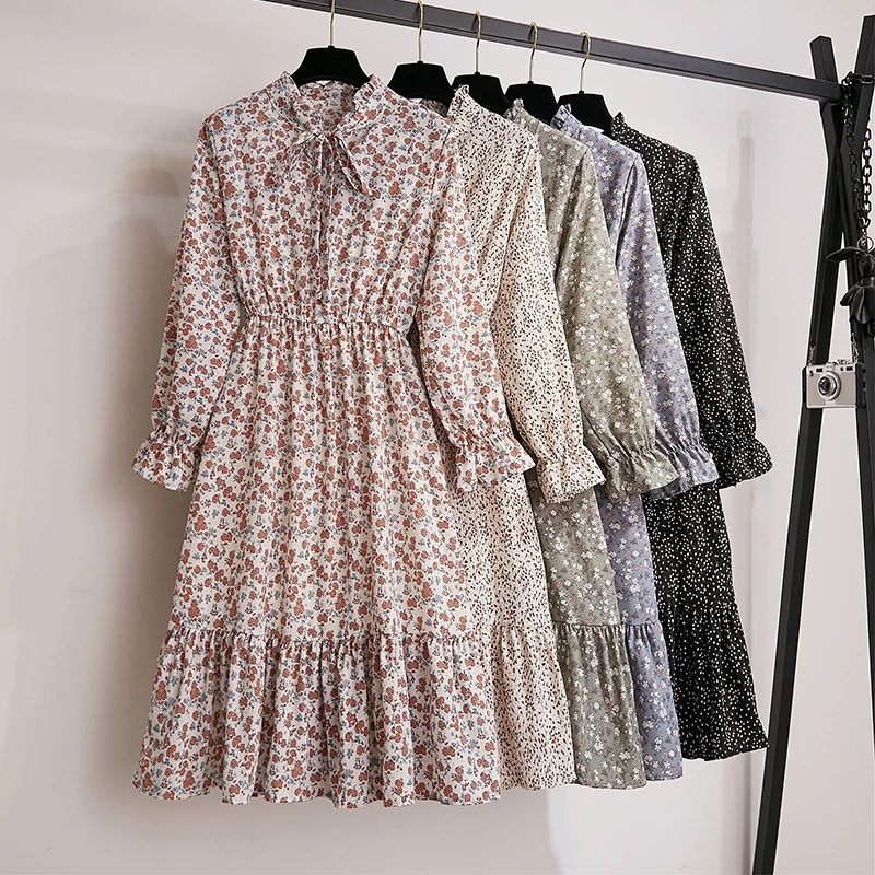 

Retro Ruffle Floral Dress Women Chic Flare Sleeve Bowtie Print Chiffon Dress Elegant Autumn Spring S-XL Kawaii Black Robe Femme