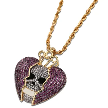 

Red Wine Color CZ Stone Paved Bling Iced Out Solid 999 Skull Heart Pendants Necklace for Men Hip Hop Rapper Jewelry Gifts Gold