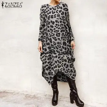 

Spring Fashion Leopard Print Dress ZANZEA Women Party Asymmetrical Sundress Casual Long Sleeve Midi Vestido Female Tunic Robe