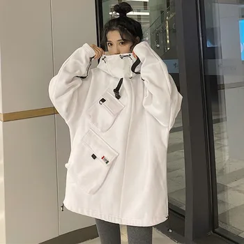 

Spring 2020 New Loose Bf Wind Sweatshirts Women Black White Hip Hop Overalls Hooded Jacket Female Hooded Coats Tops худи женские