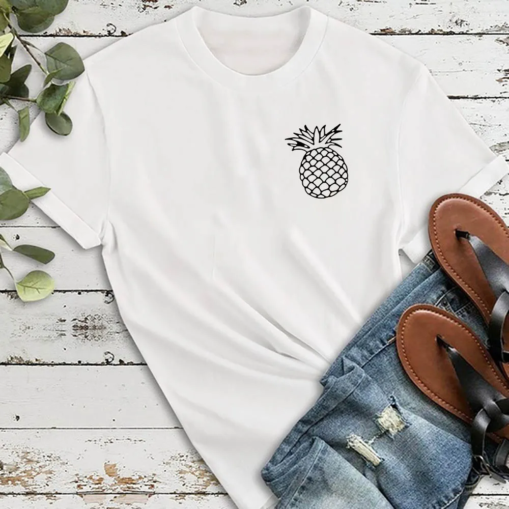 

2QIMU Women's T-Shirt Plain Pineapple Print Summer Tops Casual Short Sleeve Loose T Shirt for Womens or Girls Clothing